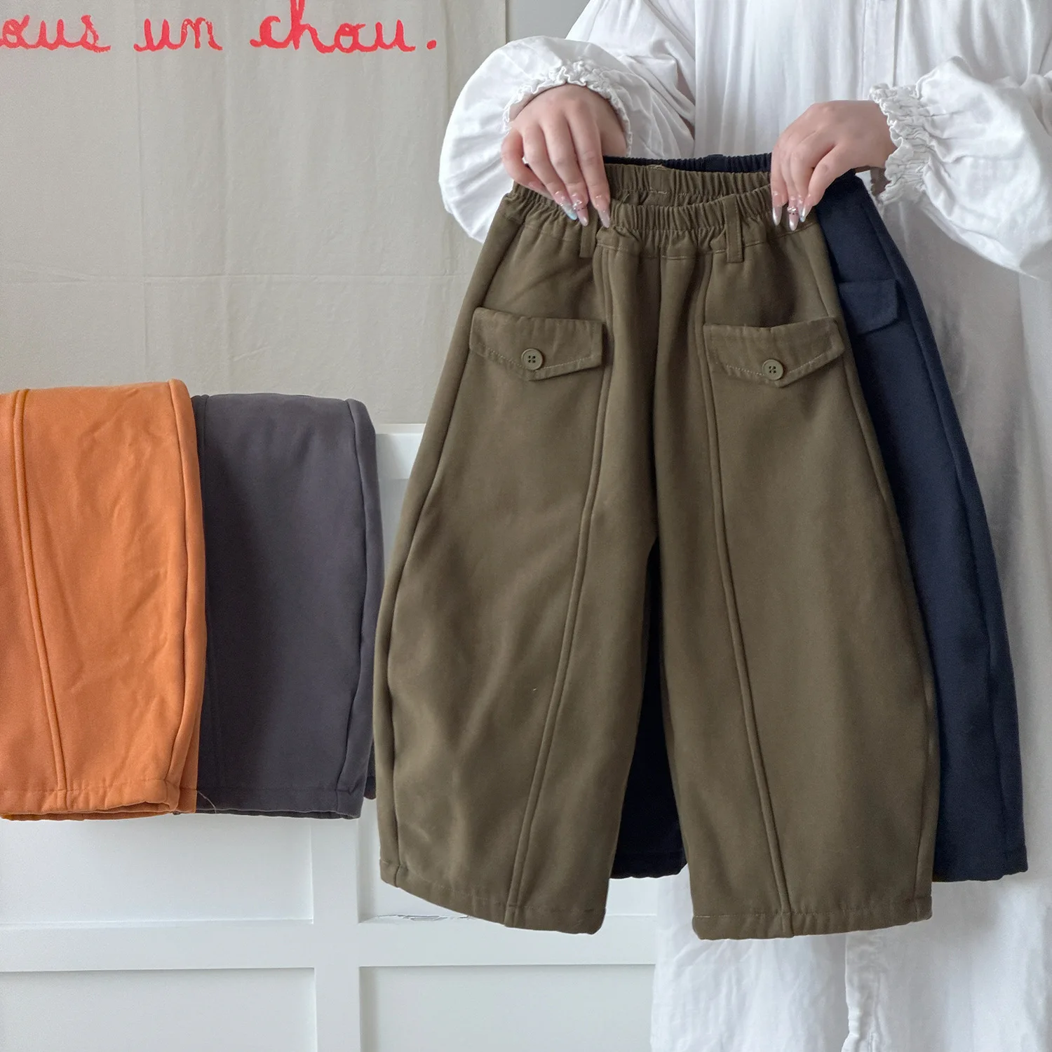 2026 Autumn and Winter Girls' Warm and Plush Thick Elastic Waist Bending Knife Work Pants
