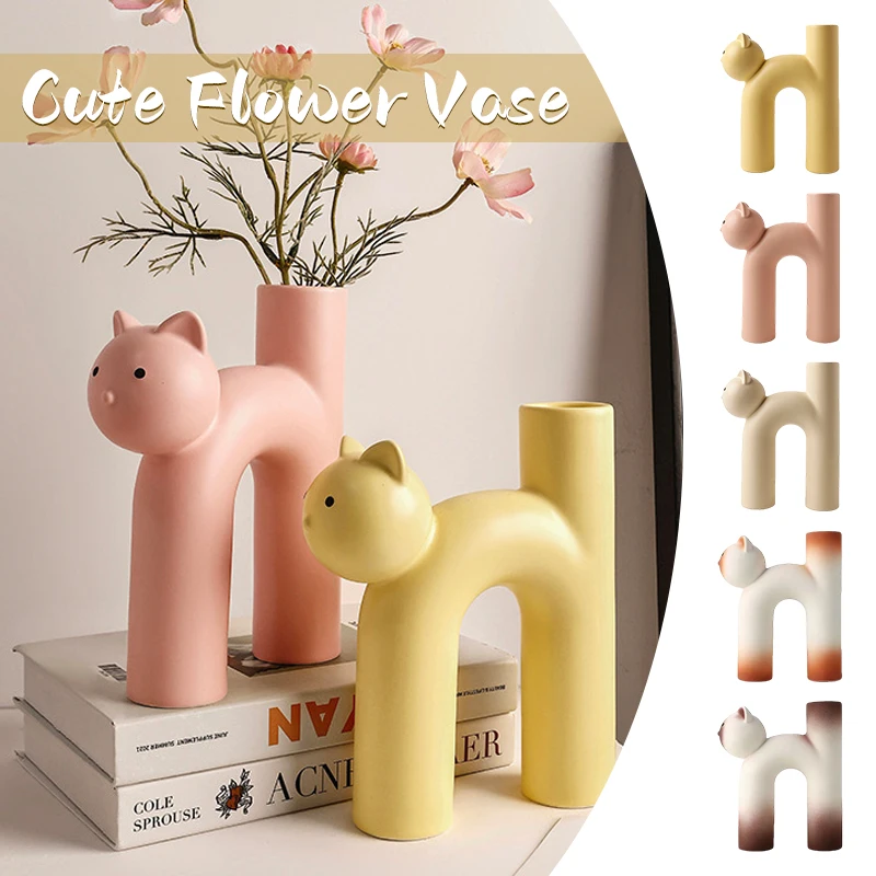 Nordic Cute Cat Shape Flower Vase Creative Resin Home Decor Living Room Entrance Tabletop Ornament Plant Hydroponics Container