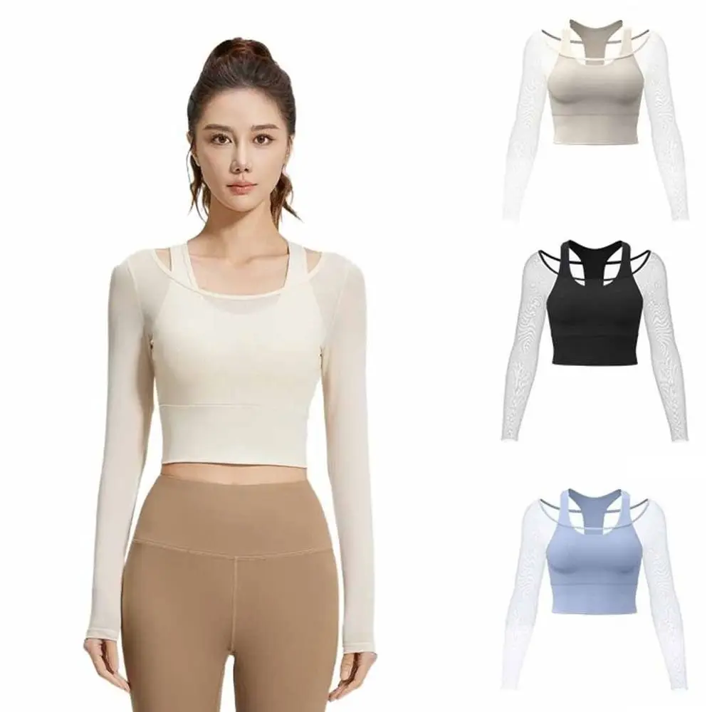 Long Sleeved Fitness Yoga Top Fixed Chest Pad Mesh Splicing Women Sports Top Pullover Neck Breathable Yoga Shirts