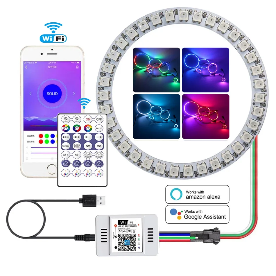 WS2812B RGB 8/16/24/35/45 Leds Pixel Ring Modules Light Individually Addressable DC5V 28-key WiFi Music LED Controller Kit