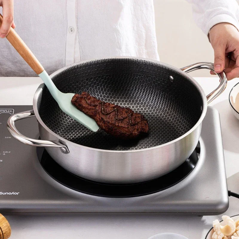 Sartén  acero inoxidable 410  calidad alimentaria, diseño antiadherente  panal, cocina  Gas  inducción  doble oreja,