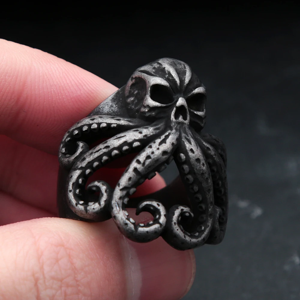 Punk Vintage Cthulhu Ring Unique Plus Size Stainless Steel Gothic Skull Octopus Ring Men Biker Animal Jewelry Gift Wholesale