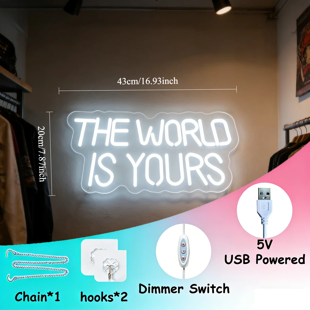 The World Is Yours Inspirational Neon Sign LED USB Dimmable White Glow for Office Study Room Living Room Motivational Wall Decor