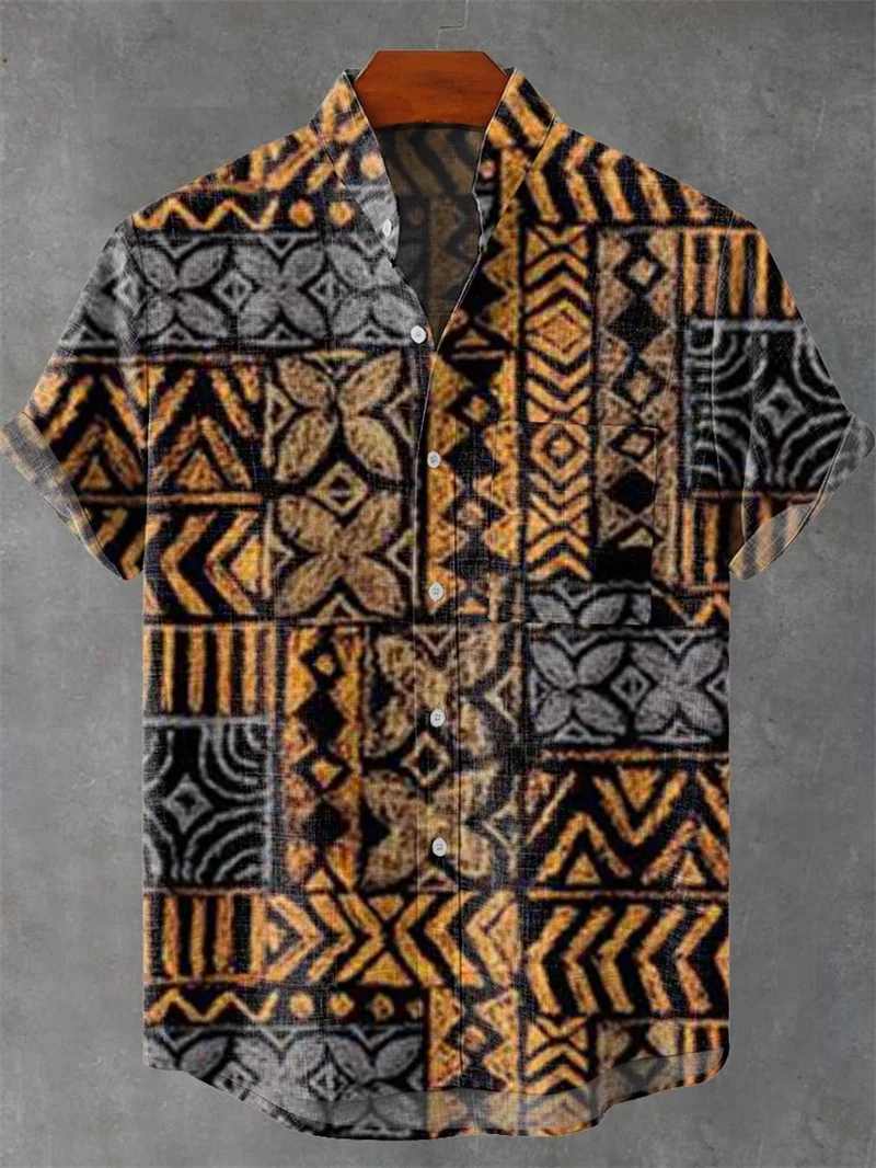 هاواي مخطط الرجال قميص عارضة قصيرة الأكمام أعلى الأسد فضفاض زي لوحة المفاتيح خمر أزياء الصيف قميص #4