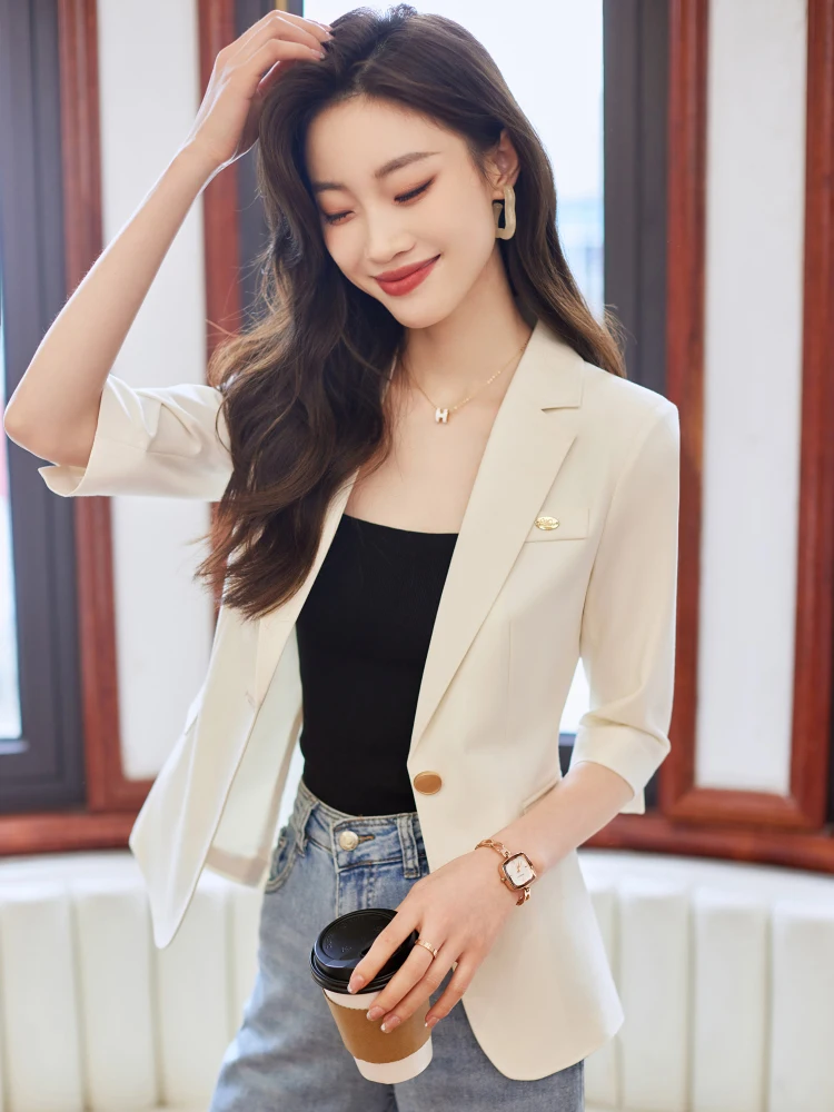 

White Slim Fit Short Coat Women's Fashionable Business Suit Jacket Thin Seven Sleeve Polyester Fiber Casual Commute Style