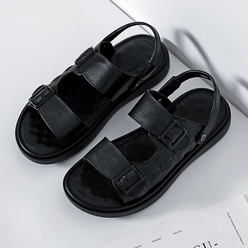 

New Men Sandals Summer Double Layer Pig Skin Anti slip Durable Inner and Outer Wear Sandals Slippers Black 38-44 Men's sandals