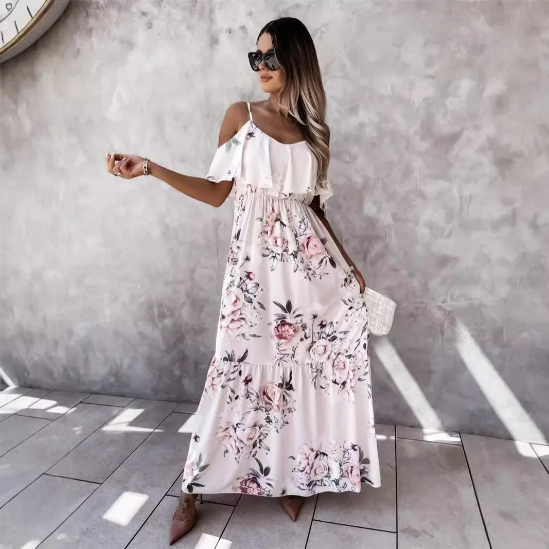 New Summer Fashion Women Floral Sexy Dress Off Shoulder Sunflower Dress Female Casual Beach Sundress Evening Party Long Dresses