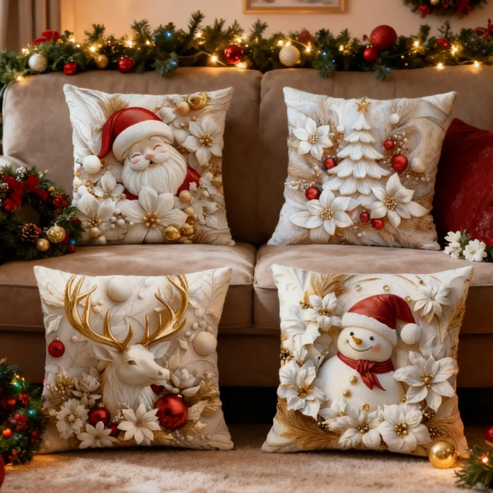 

4pcs Christmas Pillow Covers, Santa Snowman Reindeer Tree Print, Red White Gold Green, Polyester Zip, for Living Room Decor