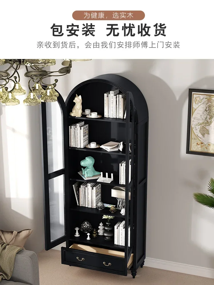 Solid Wood Vintage Bookcase Floor Arch with Glass Door Wine Cabinet Living Room Display Curio Cabinet