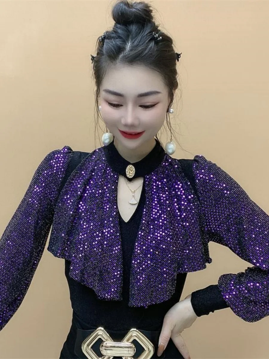 

Ele Sequin f High Collar Long Sve Women's Base irt Slimming Design Faionable Inner Wear Top for Autumn