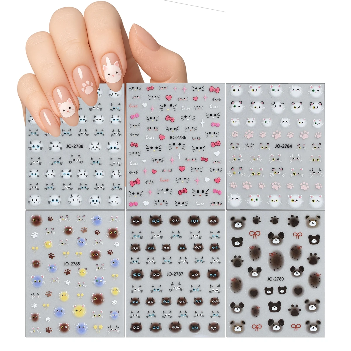 3/6/12 Sheets Cute Cat Nail Stickers – Kitty Face, Paw Print & Bow Self-Adhesive Nail Art Decals for DIY Manicure