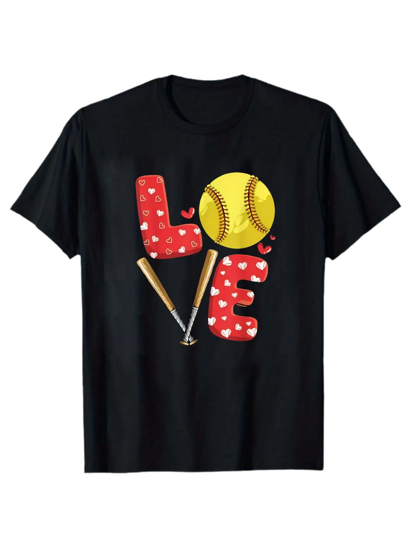 LOVE Letter Softball Print T-Shirt: Heart Element Baseball Bat Unisex Casual Short-Sleeve