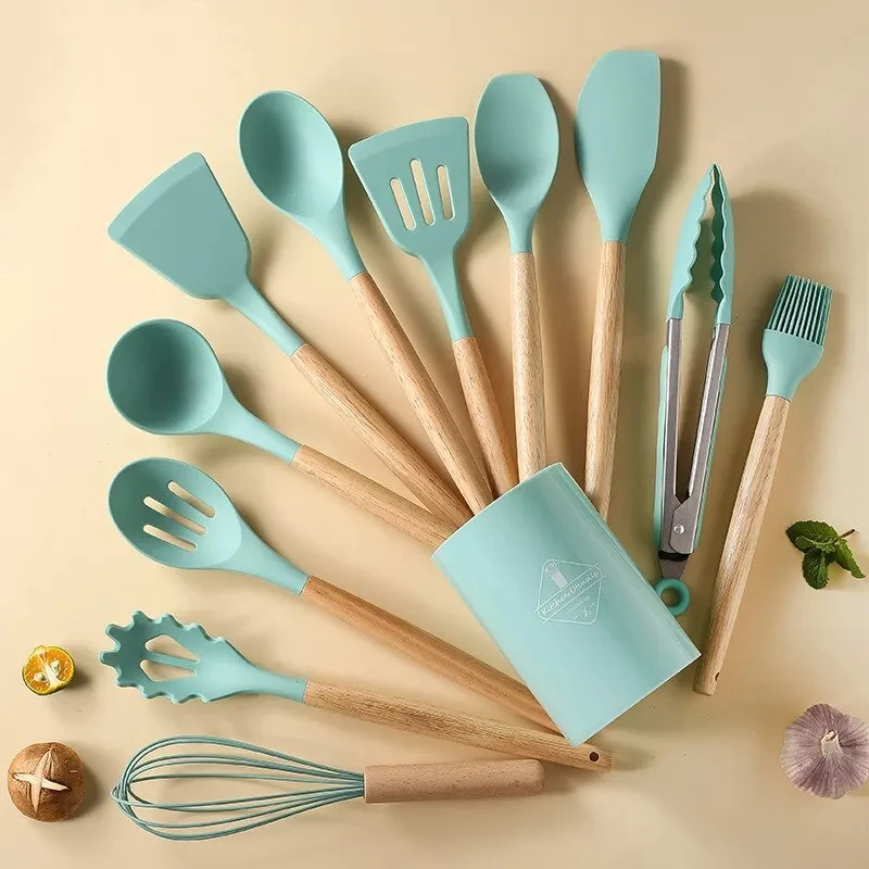 Ustensiles de cuisine en silicone avec manche en bois, antiadhésif, pot, spatule, cuillère, rangement, degré haute température, E27, 12 pièces, ensemble