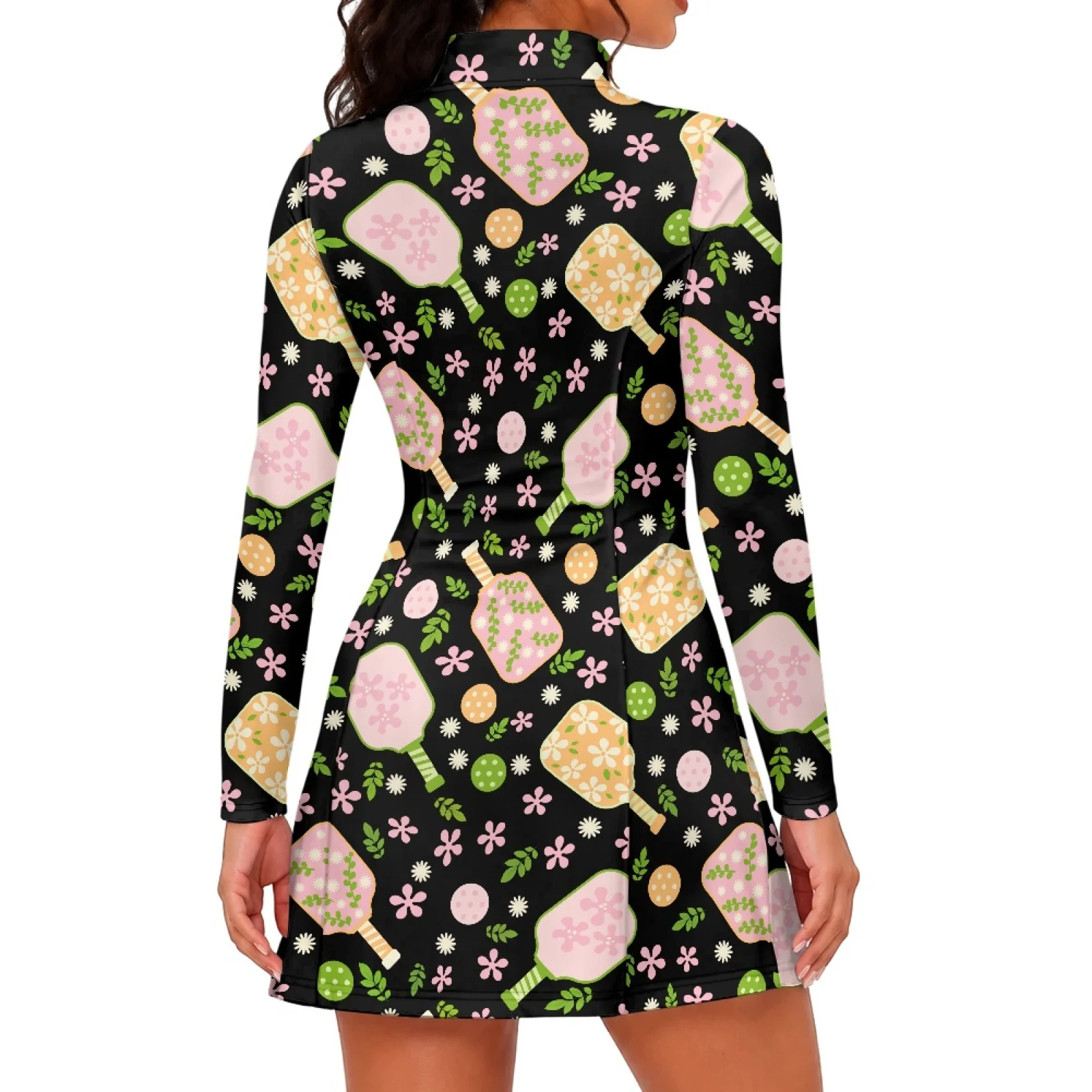 PENSTROLL Floral Paddle 2 Piece Ladies Long Sleeve Golf Dress with Shorts, Zip up Activewear for Tennis and Summer Workout