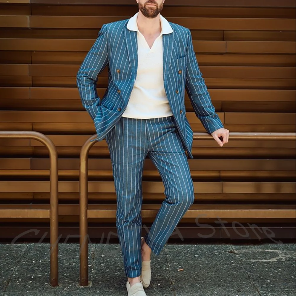 

Blue Striped Casual Men Suits Slim High Quality Handsome Outfit Peaked Lapel Doubel Breasted Gentlemen Daily Set Two Pieces