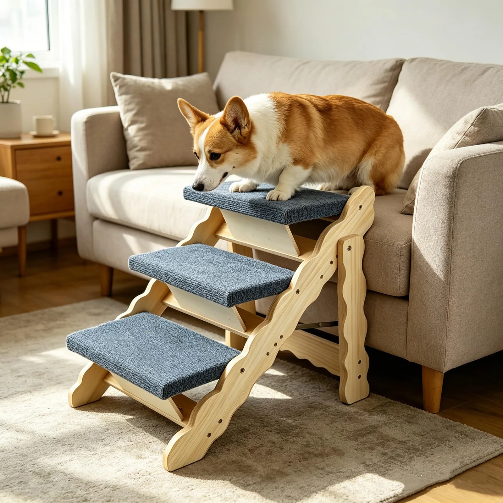 

Foldable Wooden Dog Stairs 2-in-1 Pet Ramp 3/4 Steps Anti-Slip Pet Steps For Bed Couch Car Holds Up To 150lbs Small Large Dogs