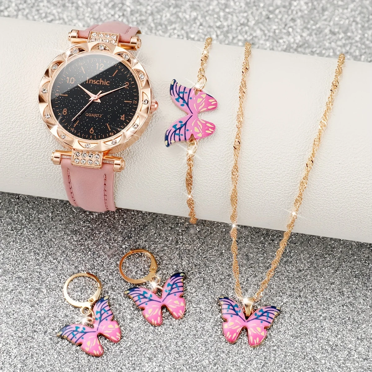 5 unids/set reloj de mujer reloj de cuarzo con diamantes de imitación estrellados reloj de pulsera analógico de cuero PU y conjunto de joyería de mariposa, regalo para mamá y ella