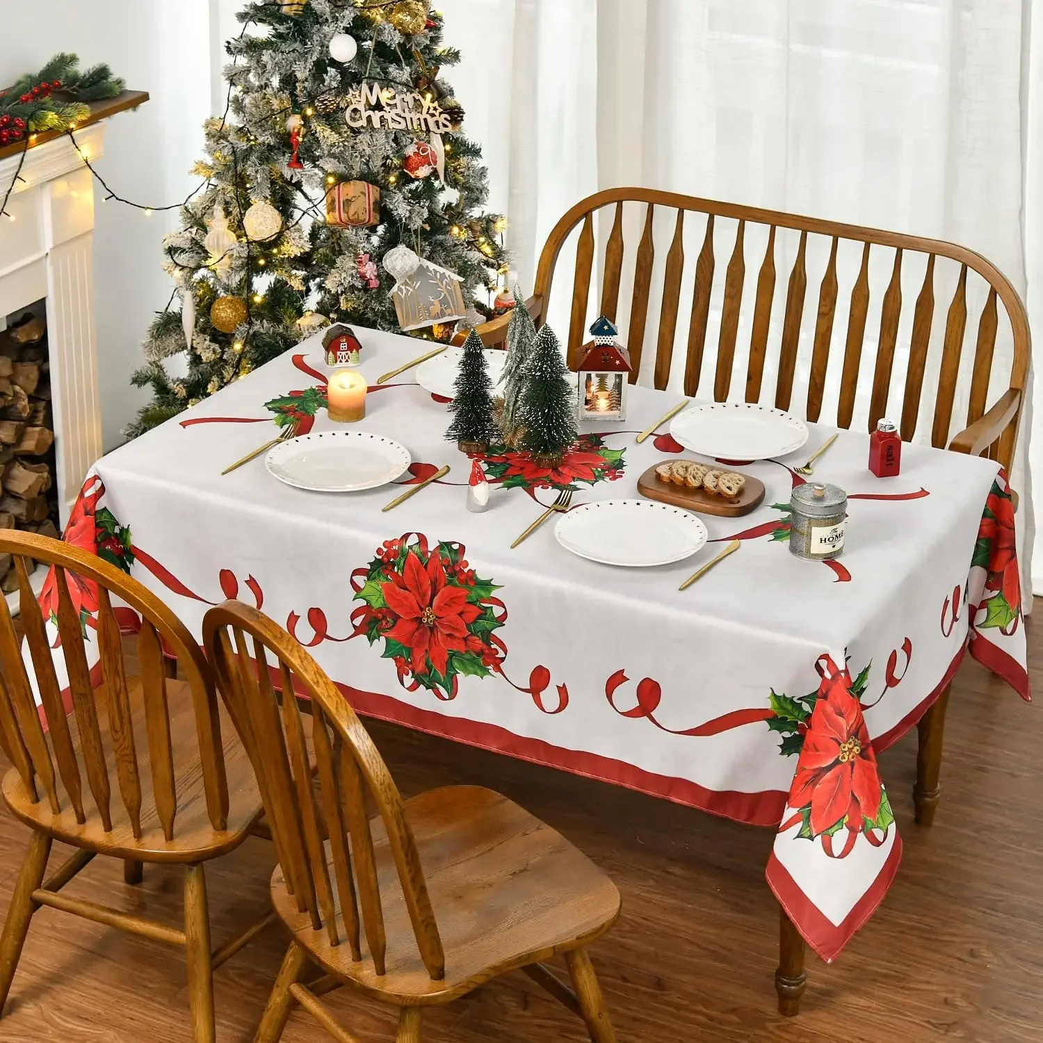 Christmas Poinsettia Silk Ribbon Tablecloth for Table Decor Reusable Winter Xmas Kitchen Dining Tablecloth Navidad Decorations