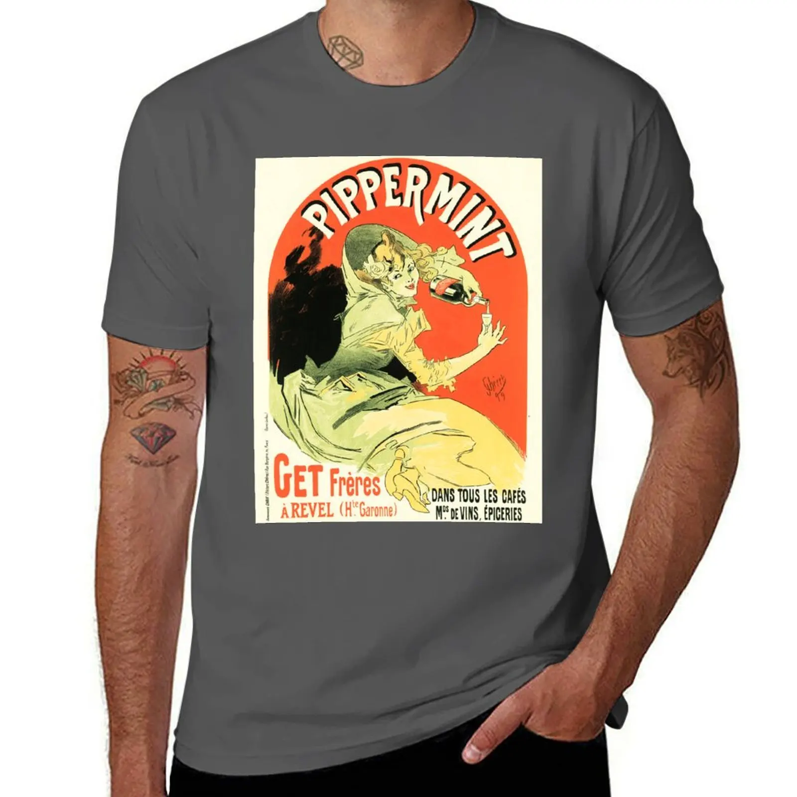 PIPPERMINT menta licor aperitivo alcohol bebida Jules Cheret Vintage camiseta francesa hombre camisetas para hombres camiseta casual