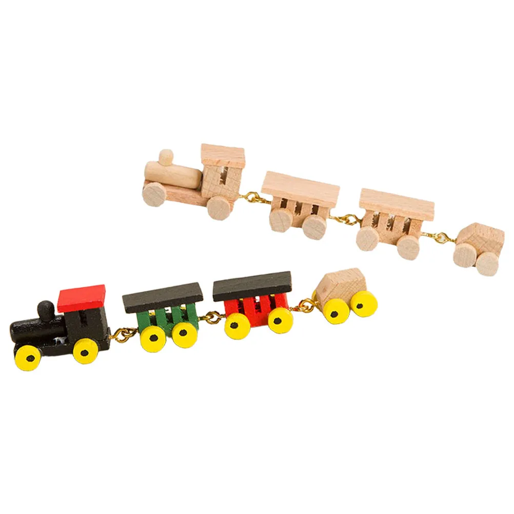 

2 комплекта миниатюрных деревянных поездов, декоративные аксессуары для кукольного домика, украшения для дома