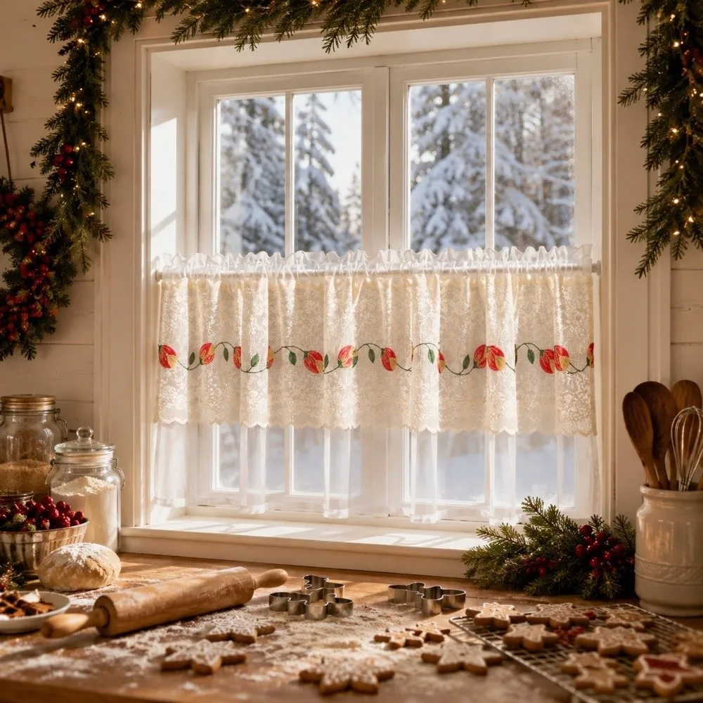 Sheer Voile Floral Lace Curtains Dust-Proof Light Blocking Embroidered Curtains Lace Trim Room Partition Curtain Indoor Use