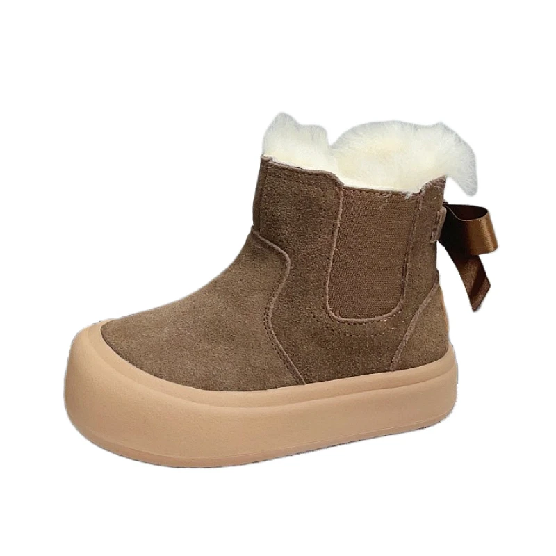 2024 Genuine Leather Girls Snow Boots With Fur Plush,Solid Suede Bowtie-knot Winter Shoes For Children Girls,Baby Warm Boots