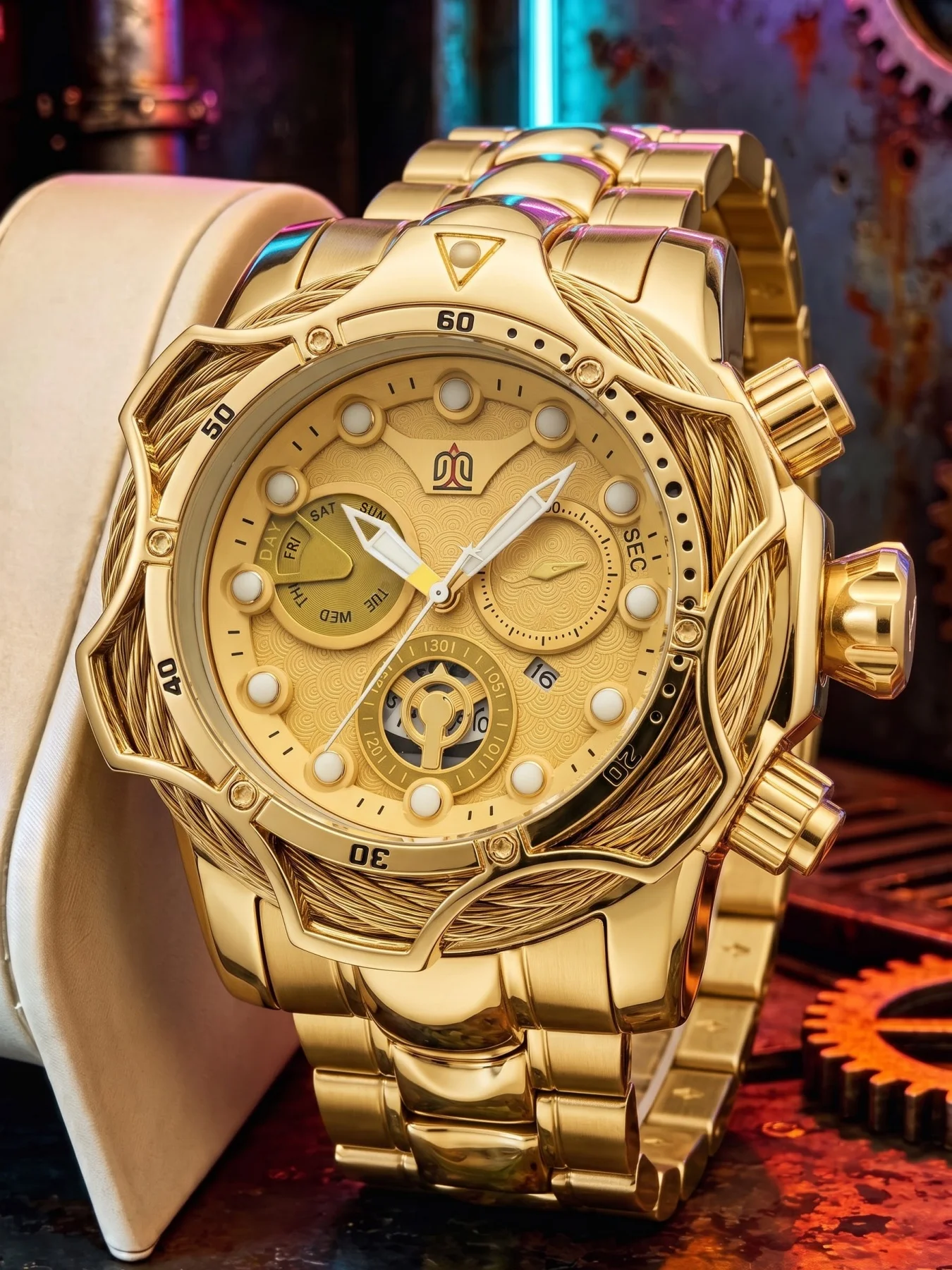 Sporty Large Dial Men's Quartz Watch with Rope-Wrapped Bezel, Calendar Function, Punk Casual Fashion Versatile Men's Watch, Stylish Cool Business Outdoor Men's Waterproof Watch