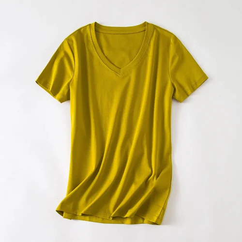 Imagen 2 del producto Camiseta de mujer 2025 de verano con cuello en V de manga corta de algodón Casual sólido Top camisetas sueltas camisetas básicas para mujer camisetas para mujer