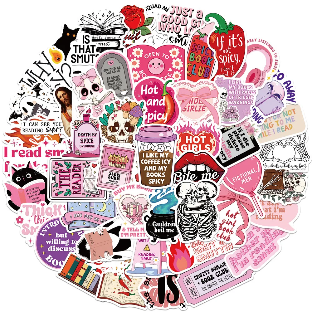 50pcs Aesthetic Cartoon Skull Spicy Reader Pink Smut Stickers For Laptop Water Bottle Luggage Diary Waterproof Vinyl Decals
