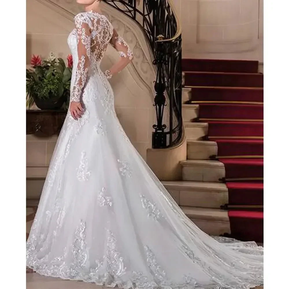 Maßgeschneiderte Brautkleider mit langen Ärmeln, bestickte Spitze, Meerjungfrau-Applikationen, weiße Brautkleider, Europa, neu