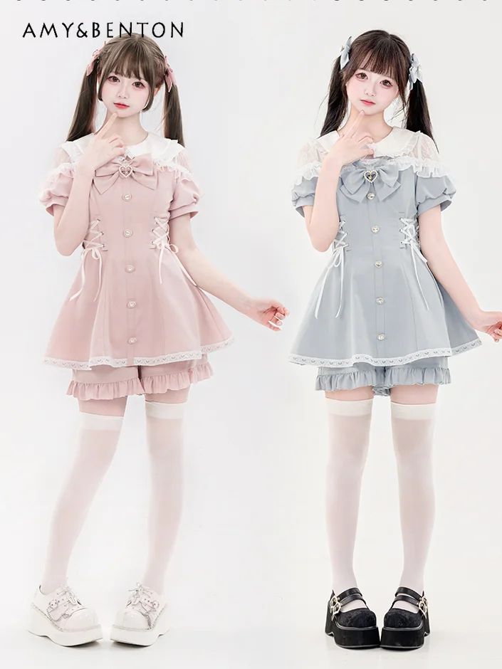 

Japanese Mine Mass-Produced Cute Short Sleeve Dress Shorts Two Piece Sets Womens Outifits Sweet Cute Lolita Dresses Dress Sets