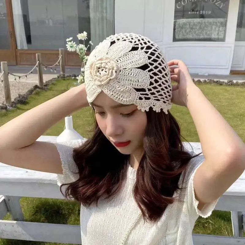 Women Beanie Cap Hand-Made Fashion Hollowed-out Vintage Artistic Crocheted Hat for Summer Breathable Causual Female Caps 005