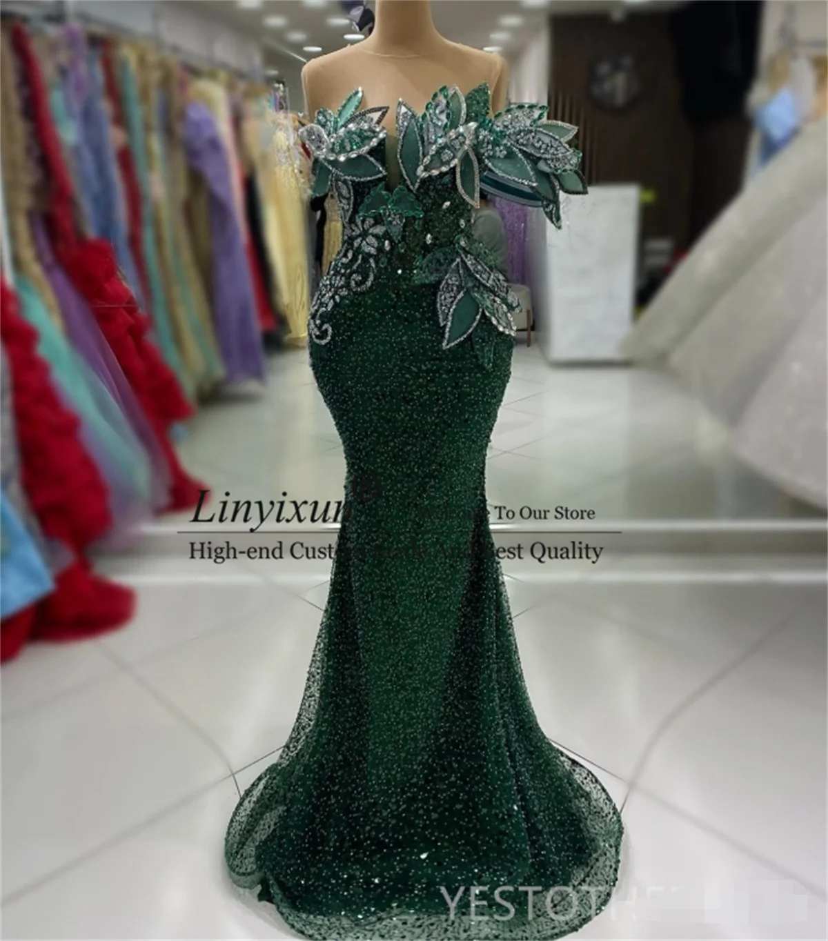 

Elegant Illusion Sheer Neck Prom Dresses Sequined Lace Pearls Rhinestone Evening Party Gowns Customized Special Occasion Dress