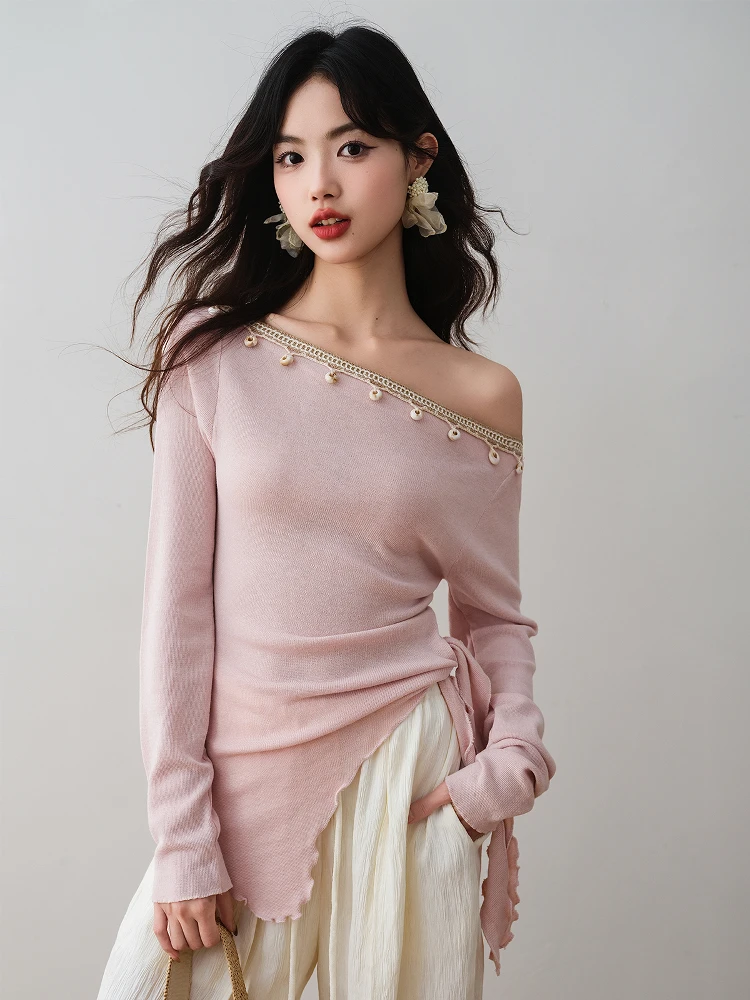 

Ronron Irregular One-oulder Lenzing Knitwear Slimming Beautiful Top Women's Faion Spring New Sle Commute Ele Sle