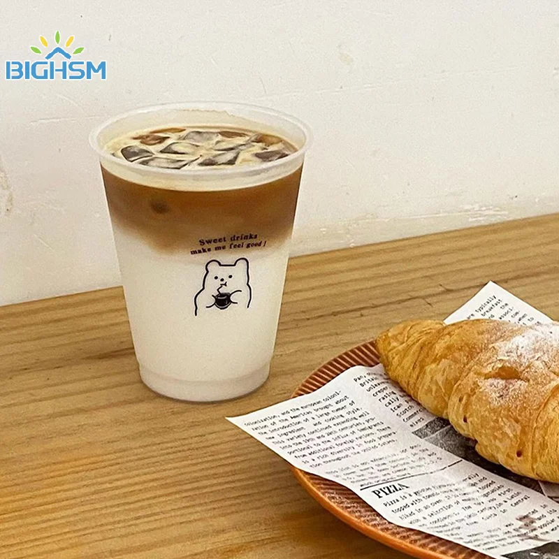 Kawaii Water Bottle For Coffee Juice Milk Tea Cute Plastic Cold Cups With Straw Lid Portable Reusable Drinking Bottle BPA Free