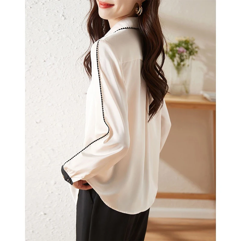 Spring Autumn Korean Fashion Polo-neck Elegant Patchwork Shirt Female Long Sleeve Cardigan All-match Top Women Buttons Blouse