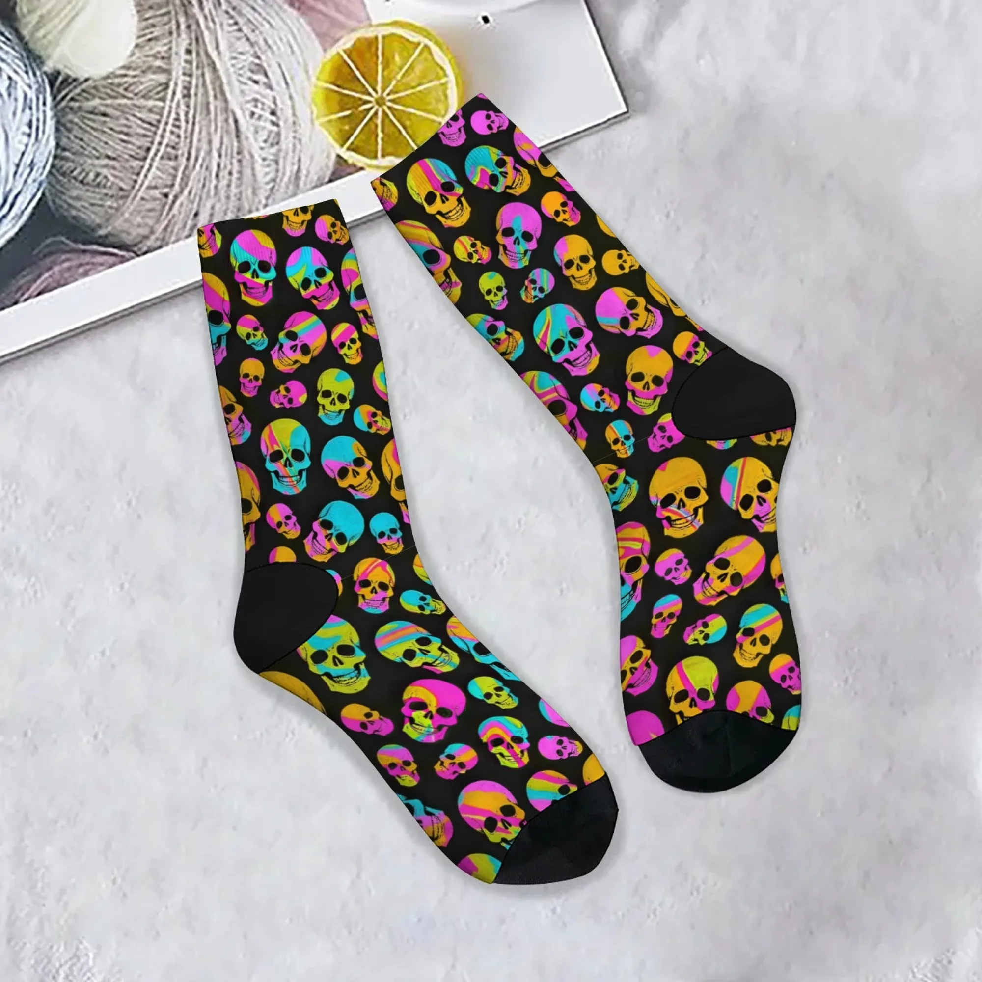 Gradient Neon Skull Socks Durable Lightweight Wrinkle-Resistant Cycling Hiking Camping Retro Trendy Street Hip Hop Graphic Socks