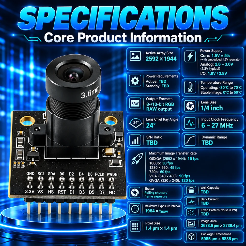 OV5640 Camera Module PCB Board for STM32 SCCB I2C Interface 3.6MM Focal Length 75 Degrees HD 5MP 2592*1944 3.3V