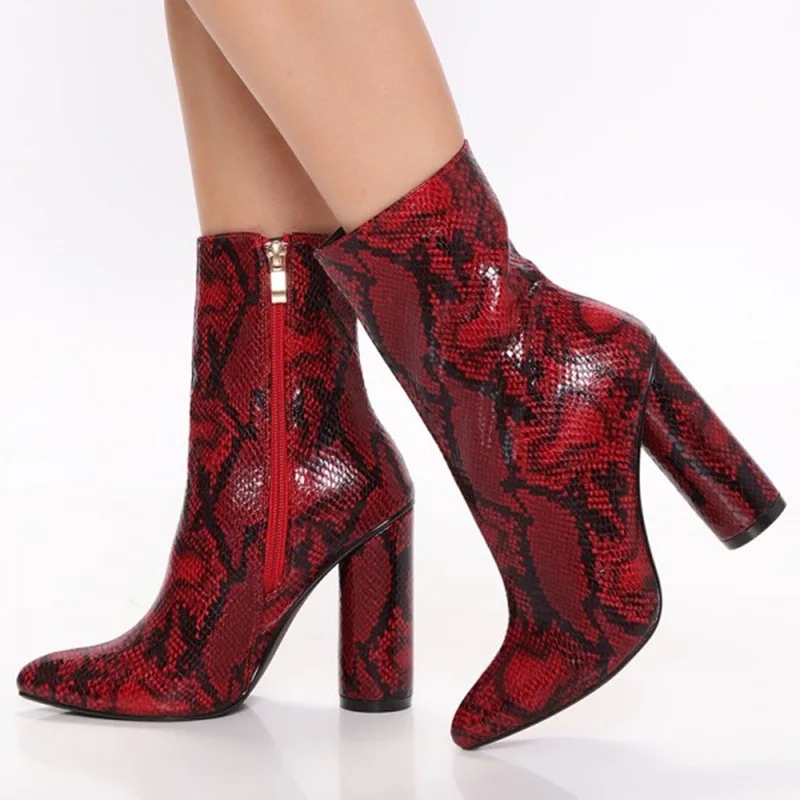 

Red Snakeskin Women Chunky Heels Boots Printed Leather Pointed Toe Zipper Square Heels Party Shoes Fashion Ridding Boots