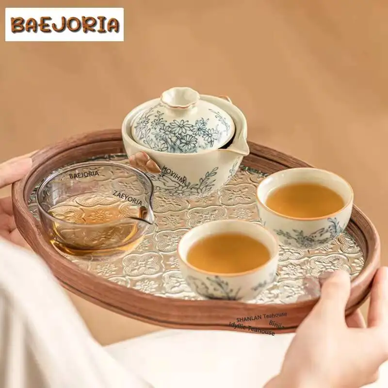 Cute Rabbit Sunflower Ru Kiln Tea Set Kit Elegant 1 Pot 2 Cups Household Tea Maker  Portable Travel Outdoor Handbag Tea Ceremony