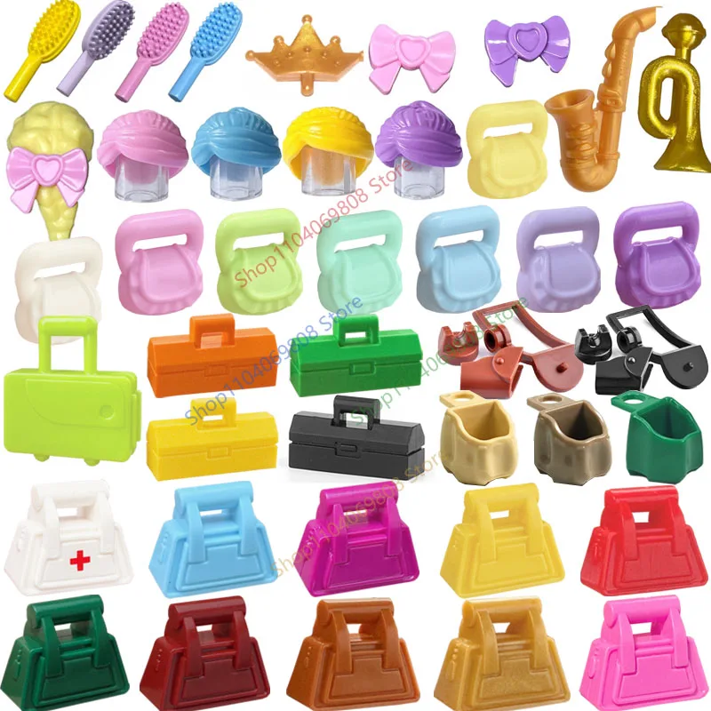 Mochila de Figuras MOC, Blocos de Montar, Bolsa Transversal, Maleta, Pasta, Acessórios de Cabelo Coroa, Pente, Brinquedo de Montar N14