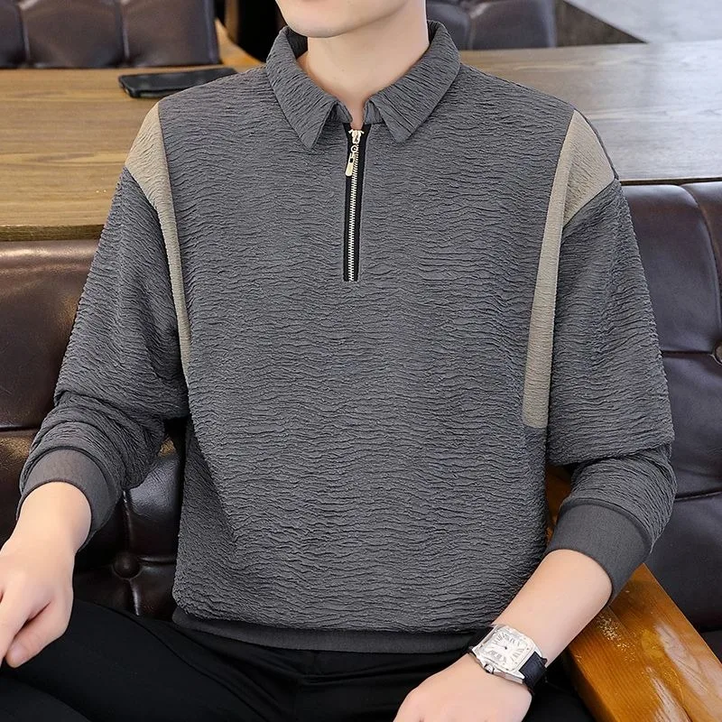Men's Clothing Pullover Lapel Zipper Contrasting Spring and Autumn Sweatshirt Casual Patchwork Top