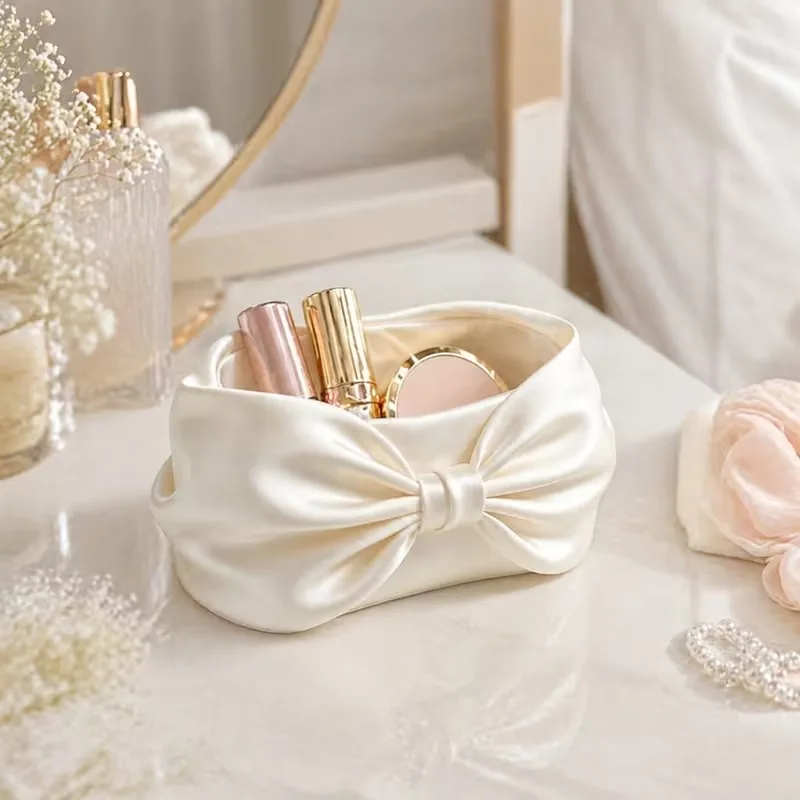 Satin Bow Shaped Jewelry Storage Dish,Cosmetic Trinket Organizer,Prop For Ladies Makeup Lovers Vanity Window Sill,3D Print