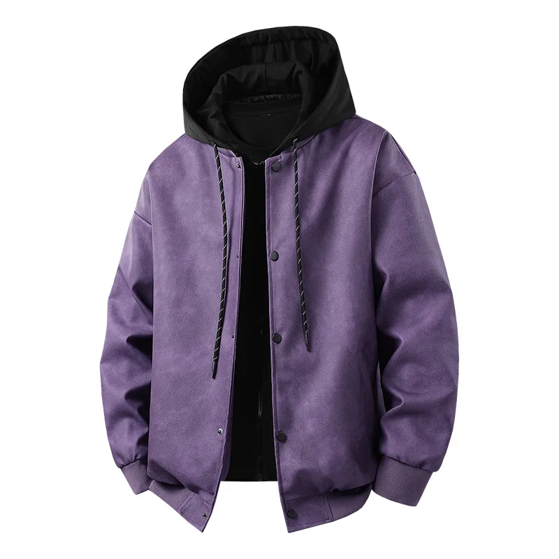 Autumn Man Leather Jacket Fashion Patchwork Single-breasted Male Hooded Coat Loose Long Sleeve Men Fake Two-piece Outerwear