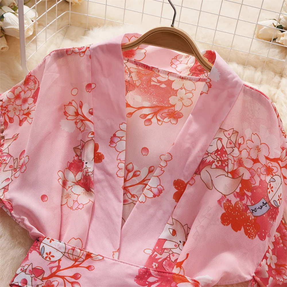 الوردي Hotsweet طباعة فستان قصير شير مثير كيمونو البتلة كم البشكير النساء الملابس السرية المثيرة الملابس الداخلية الجديدة في فستان بيجامة