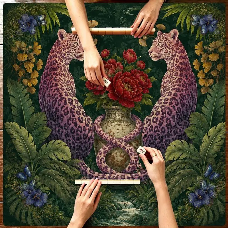 VIKAMA Jungle Purple Leopard Floral Mahjong Mat Noise Reducing Non Slip Pad Family American Mahjong Domino Table Cover