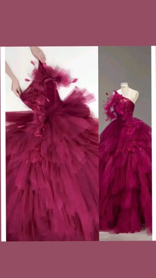 Real Image Fuchsia Tierred Tulle Long Evening Dresses With Handmade Flower And Feather Details One Shoulder Tutu Wedding Dress