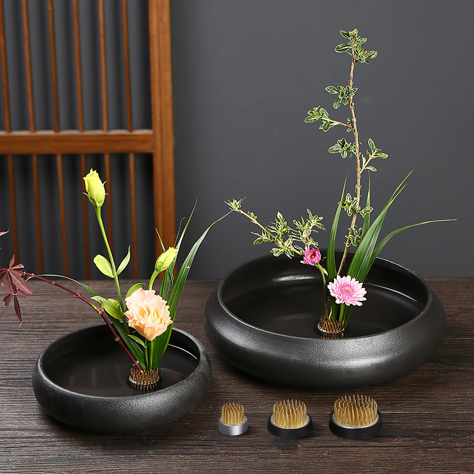 

3pcs Jian Shan Base Flower Holder: 23Mm 34Mm 40Mm Round Copper Pin Frog For Floral Arrangement Workshop Home Decor Vase