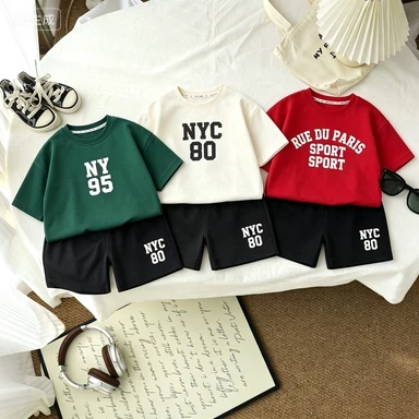 Two Piece Summer Round Neck Cartoon Children's Set With Double-sided Letter Printed Short Sleeves And Shorts For Boys And Girls