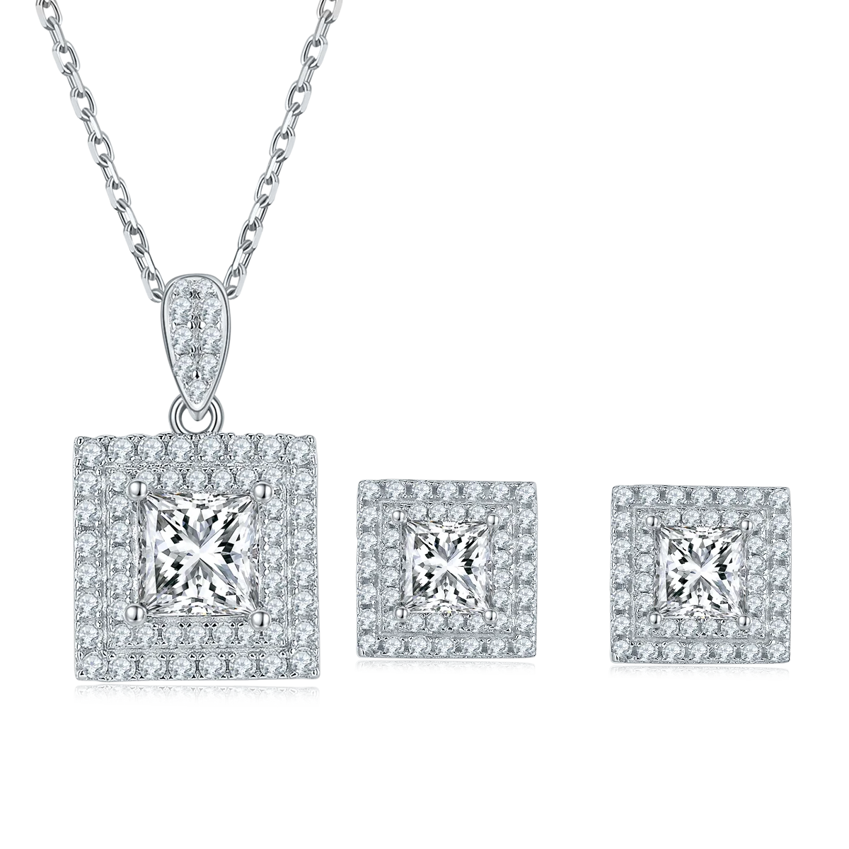 

Fashion Moissanite Jewelry Set Square Shape 925 Sterling Silver Princess Cut Moissanite Diamond Earrings Necklace Set For Party